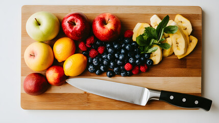 Wall Mural - A wooden cutting board displays an array of fresh fruits: apples, lemons, raspberries, blueberries, nectarines, and bananas.