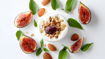 Canvas Print - Healthy breakfast bowl with yogurt, granola, figs, almonds, and fresh mint.  Top view of nutritious and delicious meal.