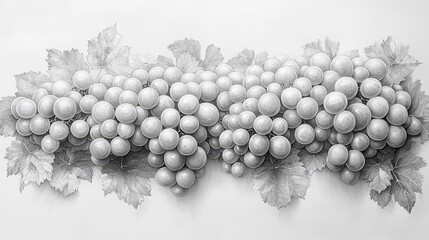 Wall Mural - Monochrome illustration of a large bunch of grapes with leaves.