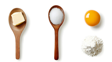 Canvas Print - Close-up overhead shot of wooden spoons containing butter, salt, and a pile of flour with an egg yolk beside them, isolated on white background. Perfect for baking and cooking content.