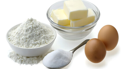 Canvas Print - Close-up shot of baking ingredients: flour in a bowl, butter in a glass bowl, sugar in a spoon, and two eggs.  Perfect for baking recipes or food blogs.