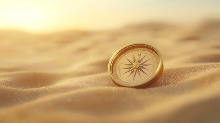 Golden compass rests on desert sand dunes at sunset; navigation, travel, exploration concept