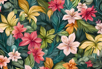 Wall Mural - A vibrant floral pattern featuring a variety of colorful flowers and lush green leaves. The design includes shades of red, pink, yellow, and green, creating a lively and tropical feel.