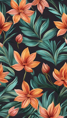 Wall Mural - A vibrant floral pattern featuring a variety of colorful flowers and lush green leaves. The design includes shades of red, pink, yellow, and green, creating a lively and tropical feel.