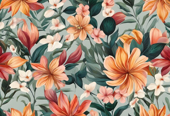 Wall Mural - A vibrant floral pattern featuring a variety of colorful flowers and lush green leaves. The design includes shades of red, pink, yellow, and green, creating a lively and tropical feel.