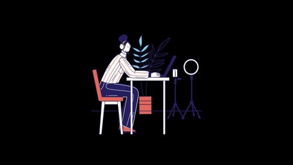 Aufkleber - A person working at a desk, wearing headphones and focusing on a laptop, with a plant in the background in a modern style.