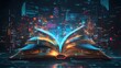 © QITIAN - A dynamic, futuristic book surrounded by glowing data streams and vibrant colors.