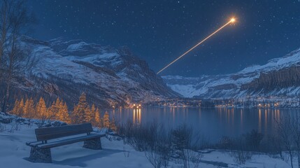 Wall Mural - Night meteor over snowy lake & village