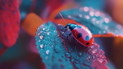 Wall Mural - Ladybug on Dew-Kissed Leaf: A Macro Shot of Nature's Beauty