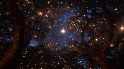 Wall Mural - Night sky, twinkling lights, trees, starry backdrop, festival