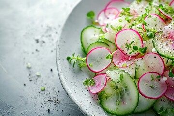 Wall Mural - Fresh cucumber and radish salad with thyme and pepper on white plate