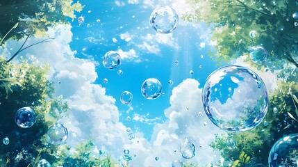 Bubbles float serenely in a summer sky above green trees