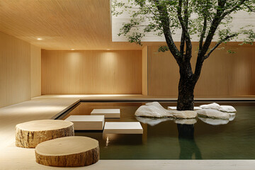Aufkleber - A serene indoor space featuring a central tree, wooden accents, and tranquil water, creating a harmonious blend of nature and modern design