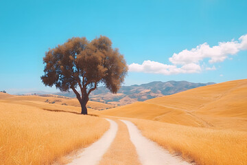 Aufkleber - A serene landscape featuring a solitary tree beside a winding dirt path amid golden fields under a clear blue sky
