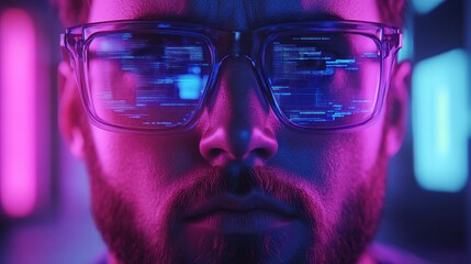 Close-up of a man wearing futuristic glasses displaying code.