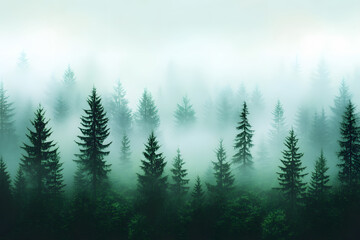 Poster - A serene forest landscape shrouded in mist, featuring tall evergreen trees and a mysterious, tranquil ambiance