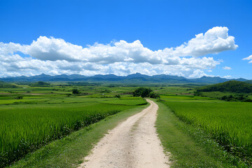 Aufkleber - A scenic dirt road stretches through lush green fields under a bright blue sky, framed by distant mountains and fluffy white clouds