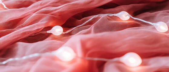 Wall Mural - Pink Fabric Texture with Fairy Lights  Cozy  Romantic Background