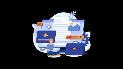 Aufkleber - A young European male studying with a laptop beside graphic elements representing media and business.