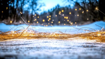 Wall Mural - Sparkling Winter Fairy Lights on Snowy Ground  Festive Holiday Background