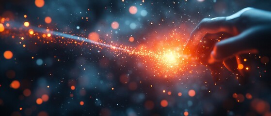 hand grasping energy stream, cosmic background. website banner