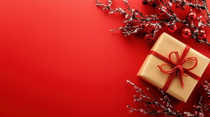 Wall Mural - A festive gift box with red decorations on a vibrant red background.