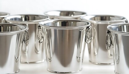 Elegant display of metal buckets with a polished silver finish, isolated on white