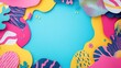 © huhu - Colorful paper cut-out shapes forming a frame on a blue background.