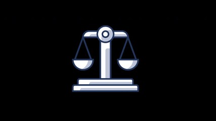 Poster - A stylized representation of scales symbolizing justice, set against a dark background.