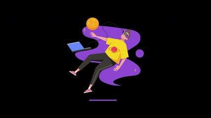 Poster - A young person of ambiguous descent enjoying virtual reality with a laptop in a space-themed background.
