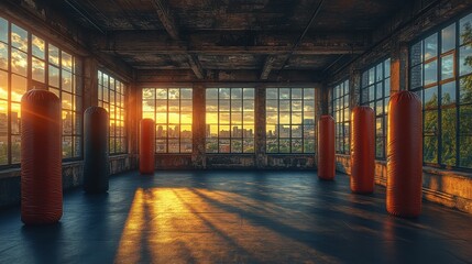 Leinwandbilder - boxing pears and black punching bags for kickboxing and fitness drills open air modern city gym featuring various punching bags urban athletes lead healthy live