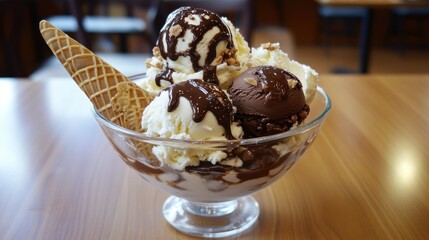 Wall Mural - A glass dessert bowl filled with three scoops of ice cream: one dark chocolate, one vanilla, and one raspberry.