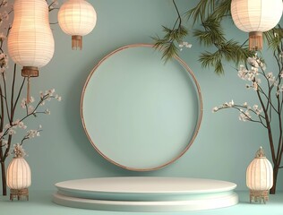 Poster - 3D rendering of a podium mockup for product presentation, with empty space on the left side. The background features geometric shapes and oriental elements