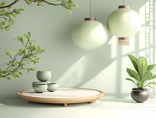 Poster - 3D rendering of a podium mockup for product presentation, with empty space on the left side. The background features geometric shapes and oriental elements