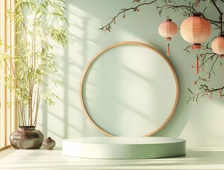 Poster - 3D rendering of a podium mockup for product presentation, with a minimal pastel green background featuring oriental elements, geometric shapes, and lanterns