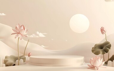 Poster - 3D rendering of a podium mockup with lotus flowers and leaves in front on a beige background. Mid-Autumn Festival, moon palace product presentation scene.
