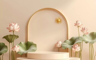 Poster - 3D rendering of a podium mockup with lotus flowers and leaves in front on a beige background. Mid-Autumn Festival, moon palace product presentation scene.