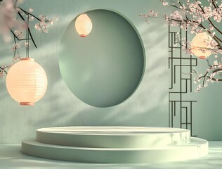 Poster - 3D rendering of a podium mockup for product presentation, with a minimal pastel green background featuring oriental elements, geometric shapes, and lanterns