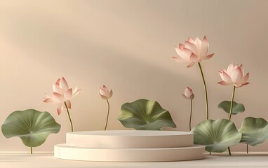 Poster - 3D rendering of a podium with lotus flowers and leaves on a beige background. Mid-Autumn Festival, Moon Festival. Spring festival season, front view, minimalist style