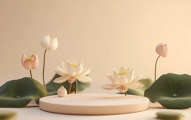 Poster - 3D rendering of a podium with lotus flowers and leaves on a beige background. Mid-Autumn Festival, Moon Festival. Spring festival season, front view, minimalist style