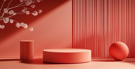 Poster - 3D rendering of a red background with a podium for product display presentation mockup. Abstract minimal scene design with cylinder-shaped podiums and round forms in red color