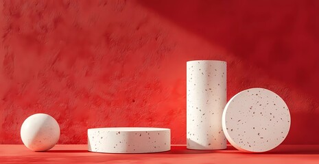 Poster - 3D rendering of a red background with a podium for product display presentation mockup. Abstract minimal scene design with cylinder-shaped podiums and round forms in red color