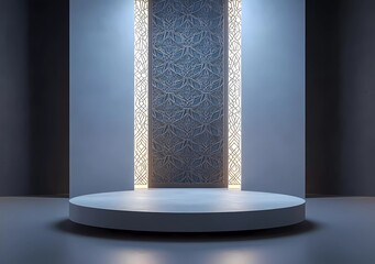 Poster - A minimalist podium with an elegant background, adorned with subtle geometric patterns and illuminated by soft white light for product display. 
