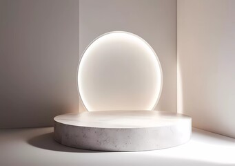 Poster - A minimalist podium with an elegant background, adorned with subtle geometric patterns and illuminated by soft white light for product display. 