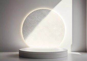 Poster - A minimalist podium with an elegant background, adorned with subtle geometric patterns and illuminated by soft white light for product display. 
