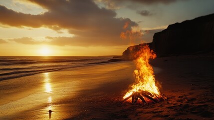 Wall Mural - Sunset Bonfire on a Secluded Beach