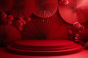 Red background, Chinese New Year atmosphere background wall with paper fans, 3D rendering. In the center of an empty space is a circular red display stand for product display. 