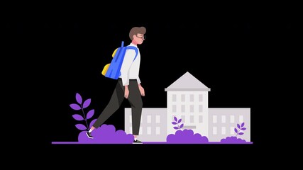 Poster - A young man with glasses and a backpack walks past a building, depicted in a minimalistic style.