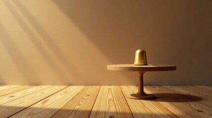 Wall Mural - Golden object on a small wooden pedestal table in a sunlit room