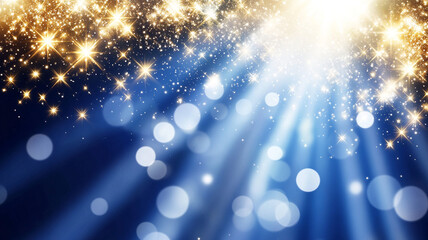 Bright rays of light with bokeh and sparkles on dark blue background creating magical abstract festive pattern